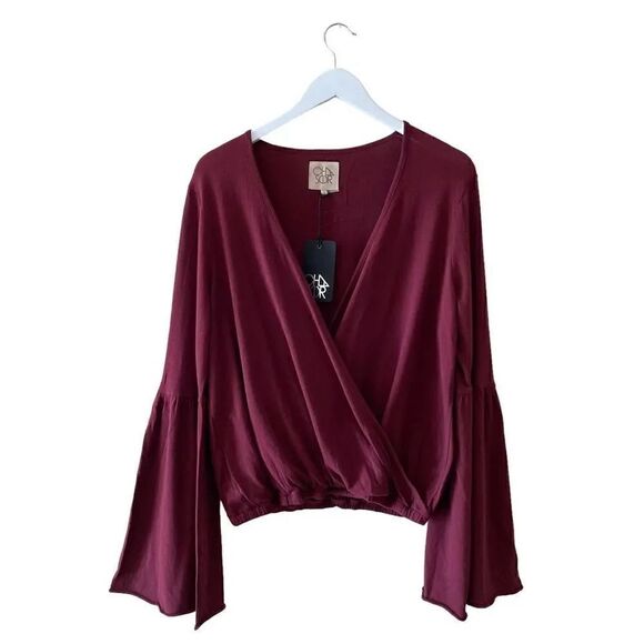 NWT Chaser Revolve Cotton FLARED SLEEVE SURPLICE  Faux Wrap Top Old Zin  Sz M - Picture 1 of 13